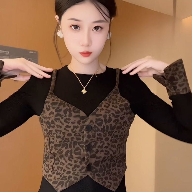 豹纹打底衫洋气时尚豹纹吊带拼接假两件小众T恤修身小衫上衣女,女装/女士精品,T恤,淘宝优惠券,粉丝福利购,淘宝优惠卷