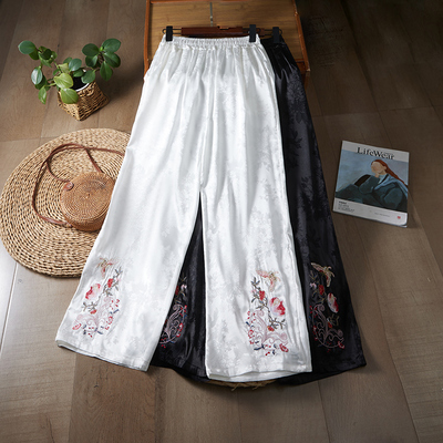新中式国风绸面提花民族风刺绣阔腿裤女夏新款薄款高腰休闲长裤子