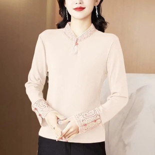 中式国风女装刺绣立领长袖T恤打底衫加绒保暖2025新款民族风上衣