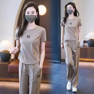 运动时尚套装女2025夏天新款洋气短袖显瘦宽松阔腿裤休闲服两件套