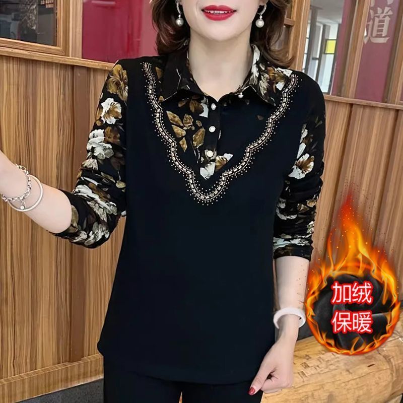 2025秋冬新款加绒加厚保暖假两件衬衣女宽松遮肉中老年妈妈打底衫