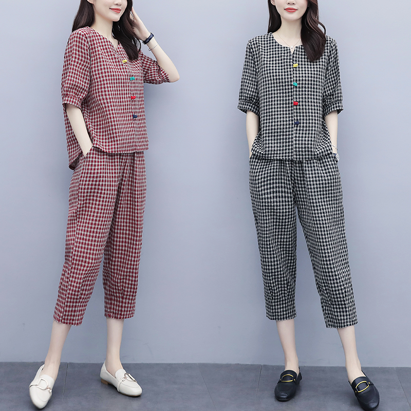T恤棉麻格子套装女夏显瘦休闲