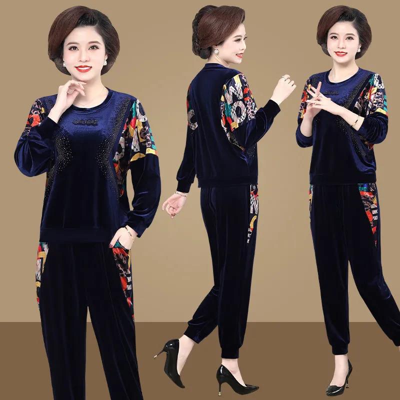 妈妈春装新款金丝绒运动服套装女春秋阔太太洋气卫衣中老年两件套