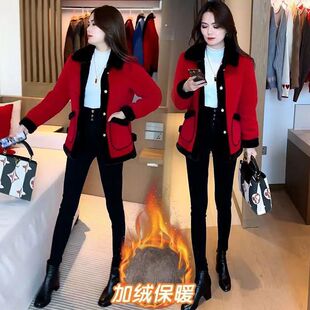 加绒加厚外套女2025冬季新款洋气质小个子短款百搭保暖呢子大衣潮