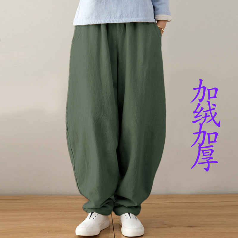 棉麻加绒加厚保暖裤高端亚麻裤练功打坐禅裤秋冬棉裤减龄女裤子潮