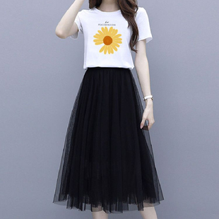 t恤两件套裙子网纱裙学生半身裙 2024新款 小个子连衣裙套装 女夏季