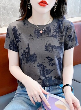 灰色圆领短袖正肩上衣女复古印花时尚百搭设计感文艺百搭新款t恤