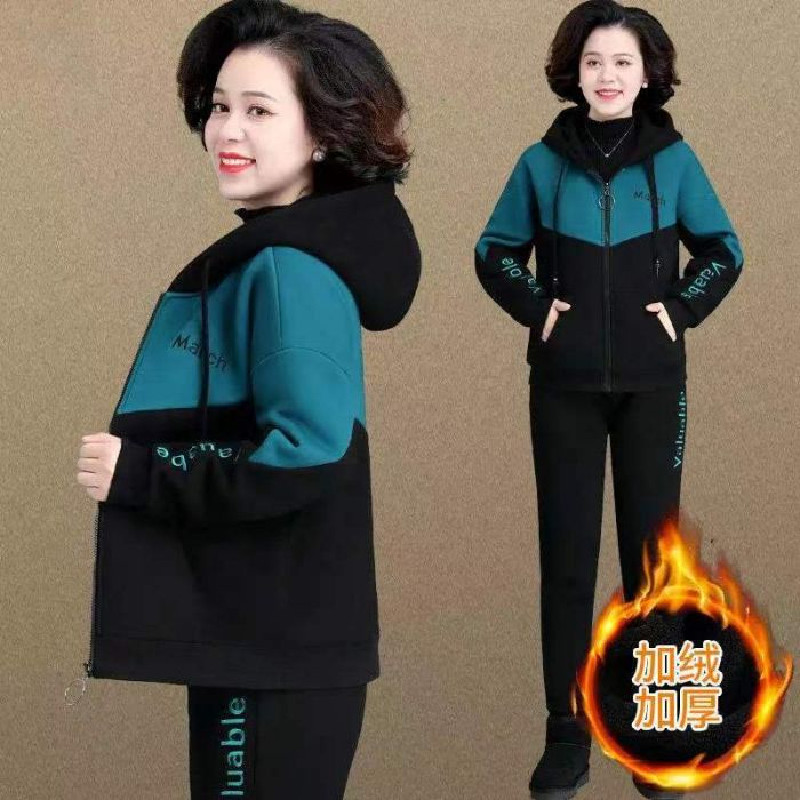 中老年人运动套装女秋冬加绒加厚中年妈妈冬装卫衣外套宽松两件套