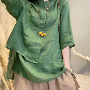 墨绿色薄款衬衫女春季新款韩版宽松休闲棉麻衬衣长袖休闲防晒上衣