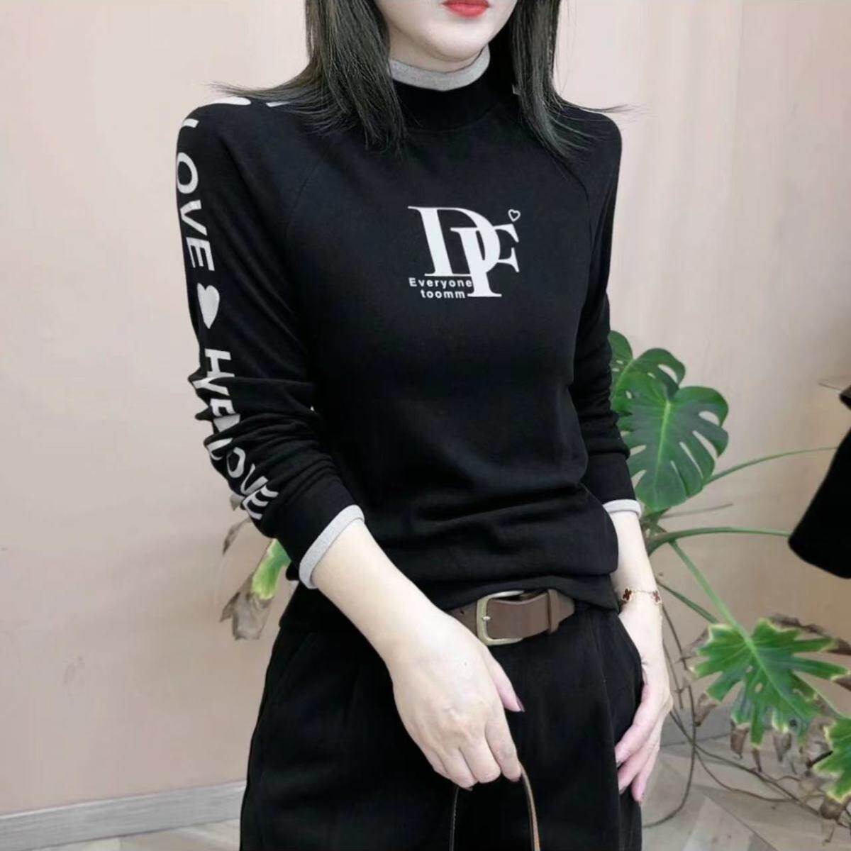 2026新款百搭撞色领子高领打底衫时尚印花长袖t恤衫内搭秋冬上衣