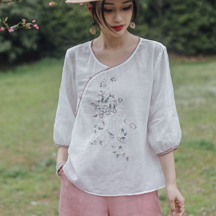 夏季棉麻刺绣斜襟盘扣立领中袖中国风文艺复古唐装中式上衣女,女装/女士精品,衬衫,淘宝优惠券,粉丝福利购,淘宝优惠卷
