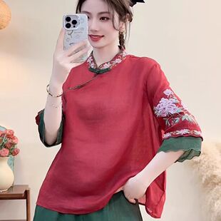 中国风改良棉麻刺绣衬衫女宽松夏季复古立领唐装盘扣半袖茶服上衣