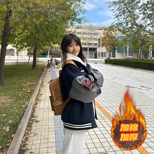 美式复古重工刺绣立领棒球服外套女冬新款宽松加棉加厚夹克上衣潮