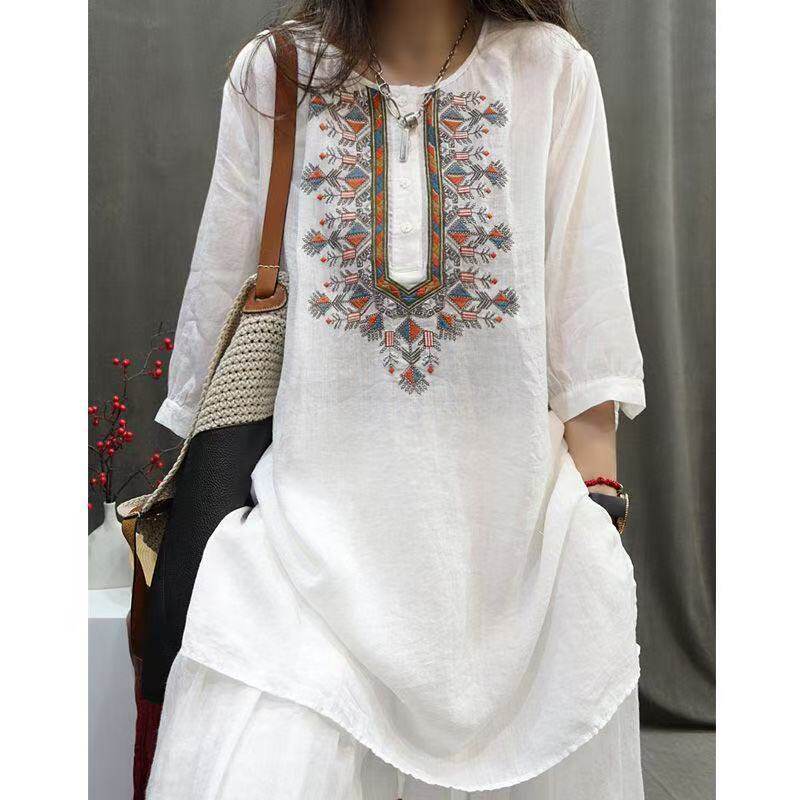 重工复古刺绣衬衣女夏季中长款宽松棉麻洋气衬衫休闲文艺套头上衣