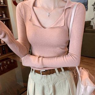 新款 设计感打底衫 法式 小众POLO针织衫 显瘦内搭上衣 毛衣女秋季 修身
