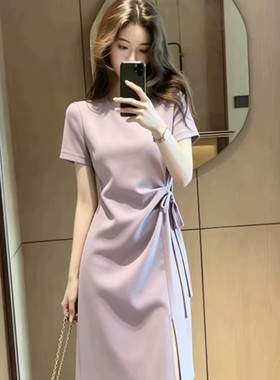 系带收腰显瘦紫色开叉裙子潮