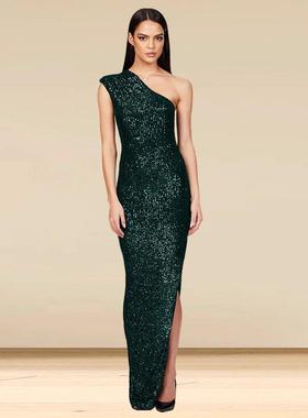 French one-shoulder slit sequin dress  单肩开叉亮片连衣长裙
