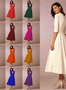 Sexy deep V-neck long sleeve flowy dress  性感深V中袖连衣裙