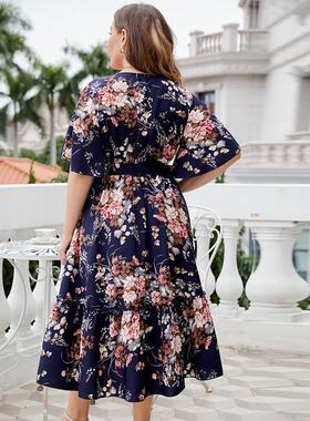 Summer V-neck navy blue print plus-size dress  V领印花连衣裙