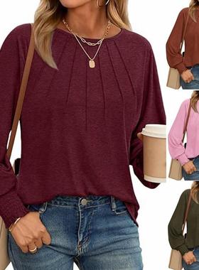 Solid color simple crew neck pleated T-shirt 纯色圆领百褶T恤