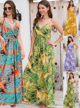 Hot Selling Printed Sexy V-Neck Slip Dress印花性感吊带连衣裙