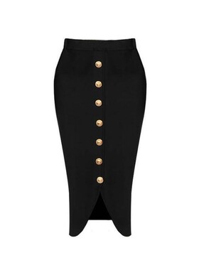 Commuter skirt with metal button front slit 金属纽扣前开叉裙