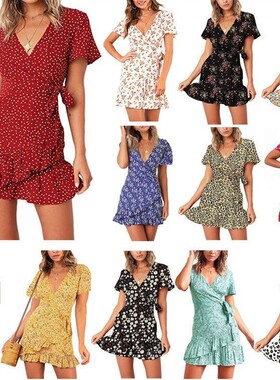 V-neck print ruffled short-sleeved skirtV 领印花荷叶边短袖裙