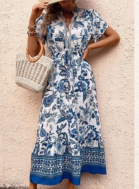 Blue slim retro ethnic print women's dress复古民族风印花女裙
