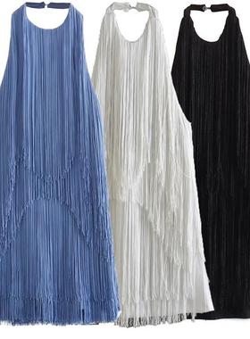 Stylish halter neck sleeveless fringed skirt挂脖无袖流苏短裙