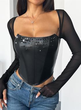 PU leather stitched diamond fishbone corset PU皮订钻鱼骨胸衣