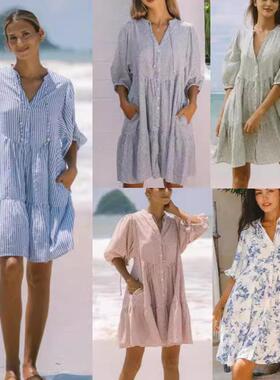 Printed button-down lantern sleeve dress印花纽扣灯笼袖连衣裙