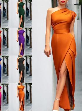 One-shoulder front-slit elegant dress  单肩前开叉气质连衣裙