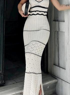 Hot selling knitted slit textured slip dress  针织开衩吊带裙