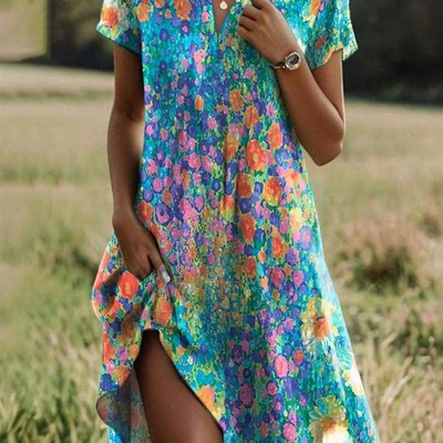 Printed casual V-neck short-sleeved dress  印花休闲V领连衣裙