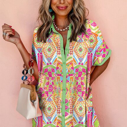 Multi-button geometric print shirt dress  多扣几何印花衬衫裙