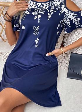 Printed crew neck off-the-shoulder dress  印花圆领露肩连衣裙