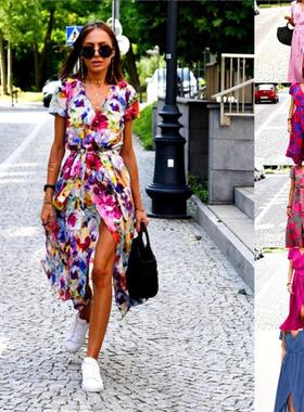 Summer fashion V-neck print lace-up dress  v领印花系带连衣裙