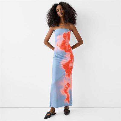 Bandeau printed bodycon dress with a slit 抹胸印花包臀开叉裙