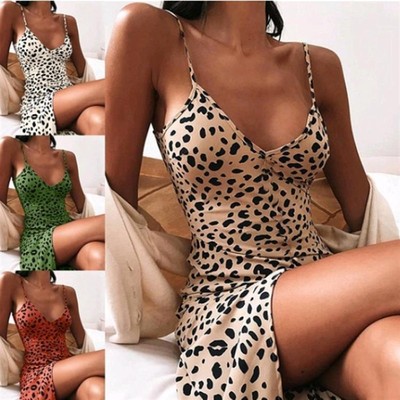 Hot sale leopard print V-neck slip dress  豹纹印花吊带连衣裙