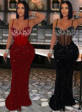 Sequin hot diamond slip hip wrap dress亮片烫钻吊带包臀连衣裙