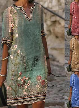 Hot Selling Printed Casual V-Neck Dress热卖印花休闲V领连衣裙