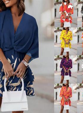 V-neck loose bat sleeve printed skirt  V领宽松蝙蝠袖印花裙