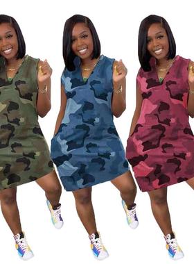Casual personality sleeveless camouflage dress无袖迷彩连衣裙