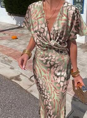 Hot Selling Print Sexy V-Neck Midi Dress印花性感中长款连衣裙