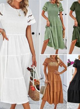 Solid Color Elegant Hollowed-out Dress纯色气质打揽镂空连衣裙