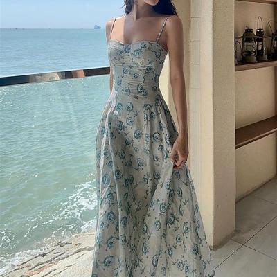 Wrap bust temperament floral slip dress  裹胸碎花吊带连衣裙