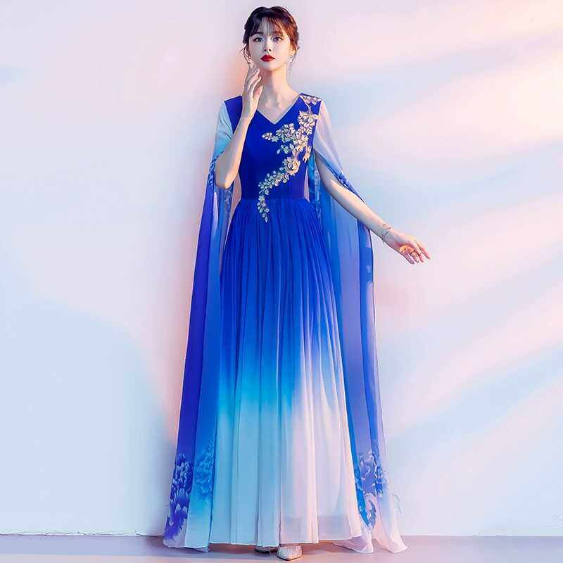 蓝色民族大合唱团演出服成人女2025新款中国风古筝演奏主持人礼服