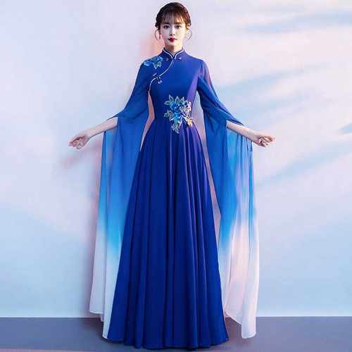 古筝表演服蓝色大合唱成人古筝