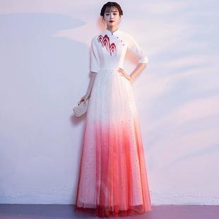 大合唱团演出服女长裙成人红色渐变中国风朗诵学生独唱2025新款