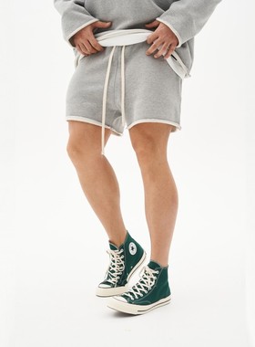 夏季灰色美式毛圈短裤男士健身运动裤棉四分不过膝卷边休闲篮球裤